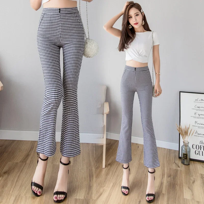 Fashion High Waist Pants Spring Summer Elegant Pants Ladies Plaid Button Front Row Ladies Micro Flare Pants Casual Streetwear