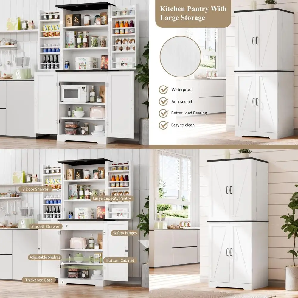 Kitchen Pantry Storage Cabinet with Barn Doors, Drawer and Adjustable Shelves, 6-Tier Tall Rustic Wood Cupboard Locker for Kitc