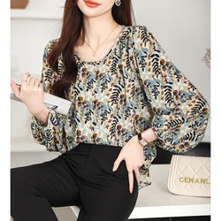 Women Spring Korean Loose Fashion Printing Chiffon O-neck Long Sleeve Shirts Women Clothes Casual All-match Appear Thin Tops