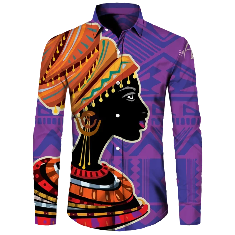 Ethnic Style African Girl 3D Print Long Sleeve Button Shirts For Men Women Dashiki Folk Custom Vintage Tops Couple Clothes Shirt