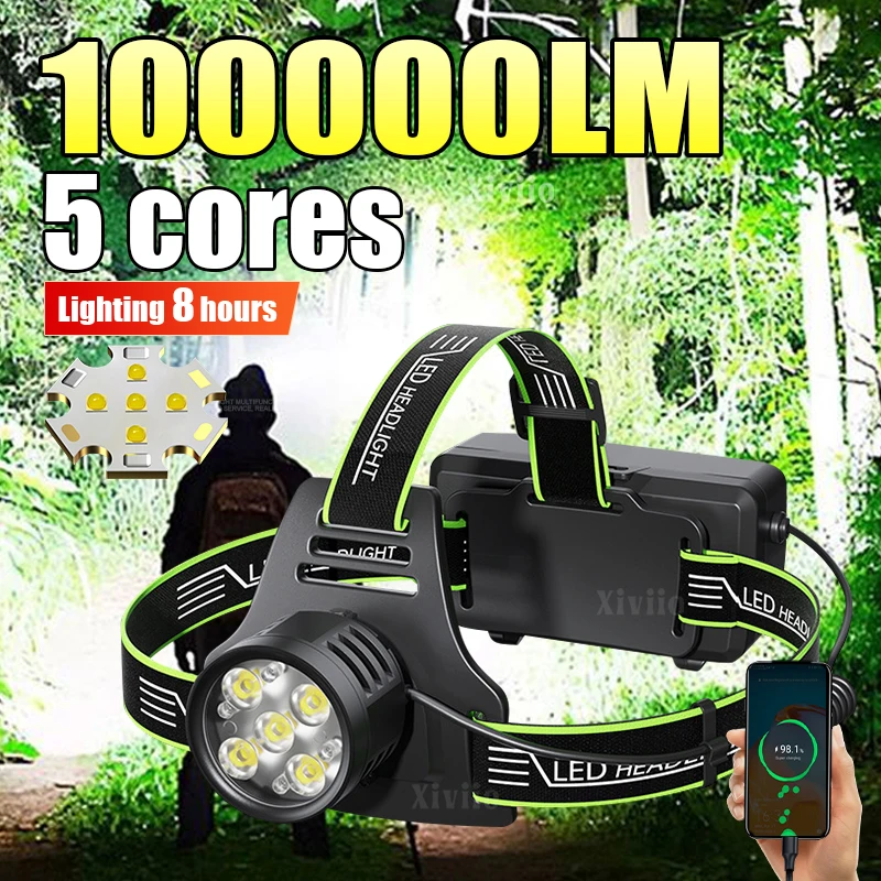 100000LM New High Power LED Headlight 5*LED Wick Rechargeable Headlamp With Digital Display Portable Head Flashlight USB Lantern