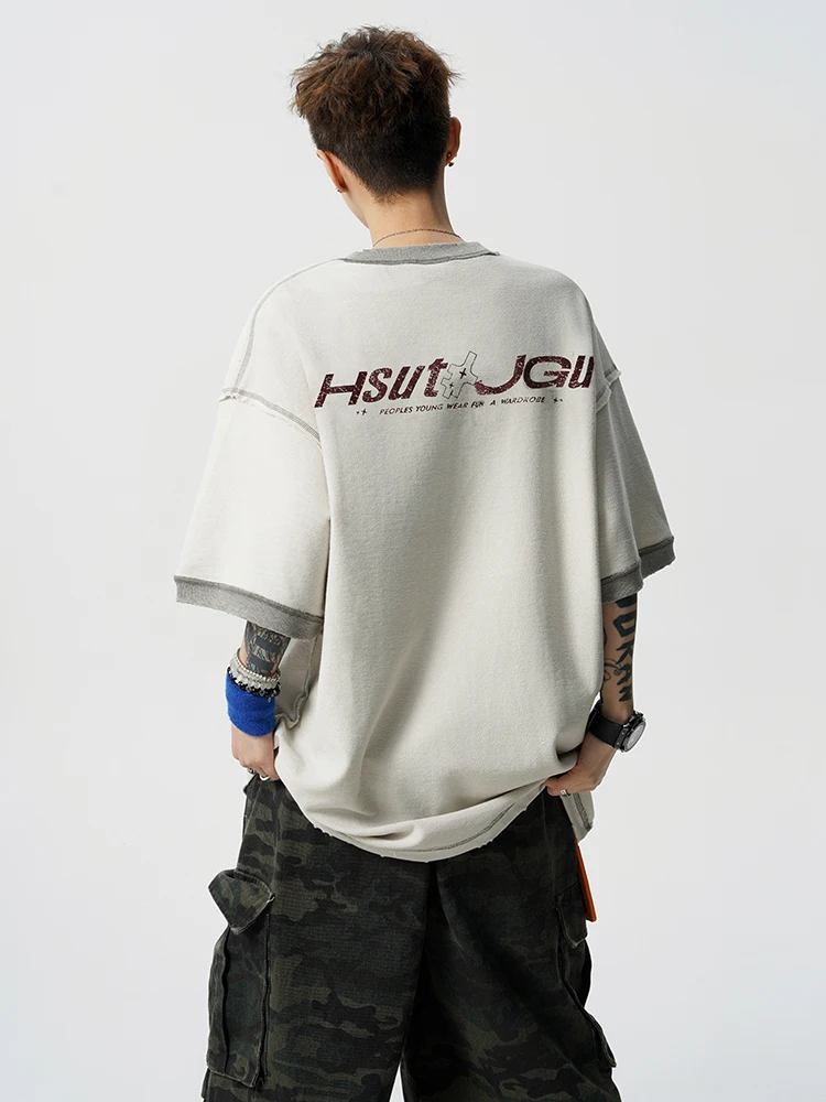 2025 Summer New Men's American Retro Distressed Letter Print Loose Sports Casual White Gray Brown Short Sleeve T-Shirt