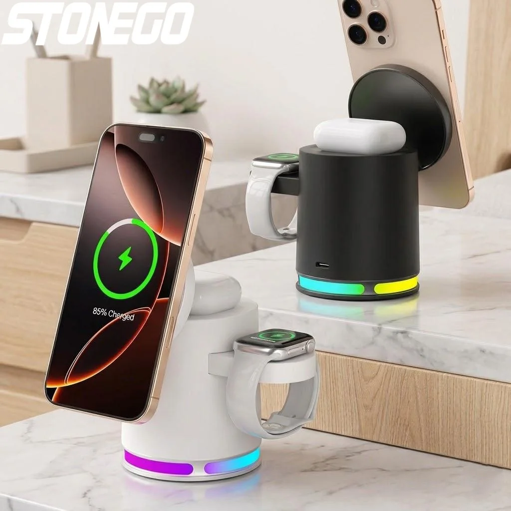 Carregador Sem Fio Estação de Carregamento Rápido Compatível com Qi para iPhone 12 13 14 15 16 Apple Watch AirPods Samsung Galaxy