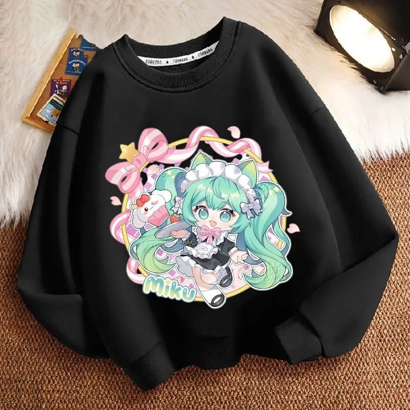 سويت شيرت لطيف برسوم كارتونية من Hatsune Miku، أنيق للنساء، بلوزة فضفاضة غير رسمية برقبة دائرية وأكمام طويلة للخريف