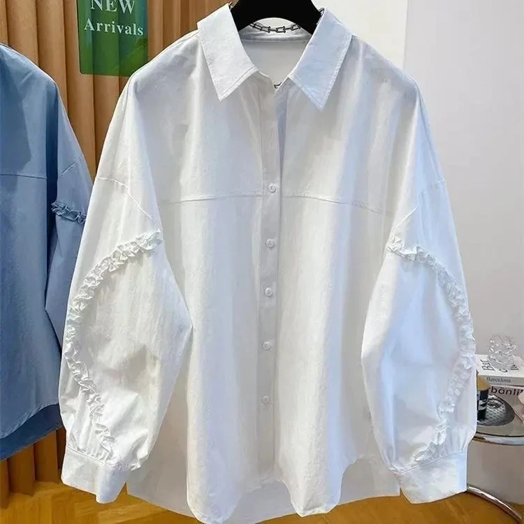 Weißes Hemd für Damen, langärmelig, Mantel, 2022, neue lockere große Abdeckung, Gesäß, Revers, Jacke, Top, koreanisches Mode-Shirt-Oberteil