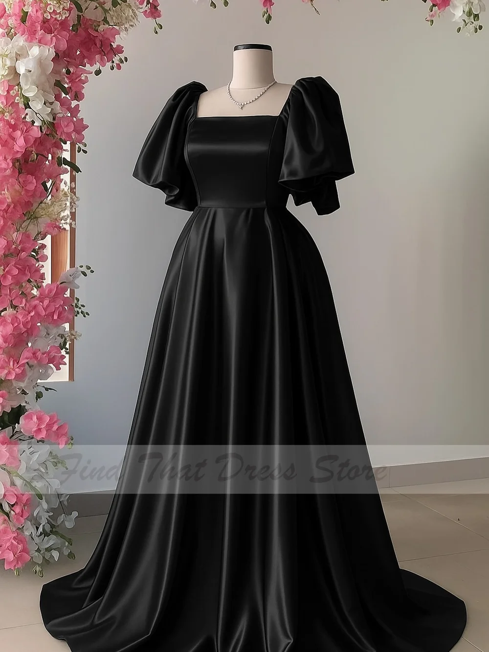 Custom Made Square Collar Satin High Quality Classic Evening Dress with Short Sleeve Backless Draped Floor Length Prom Party