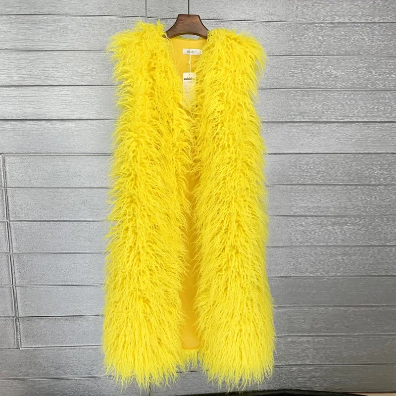 Faux Mongolia Sheep Fur Women Long Vest Colorful Warm Faux Fur Big Size Plush Coats Female Jacket Autumn Winter Furry Outerwear