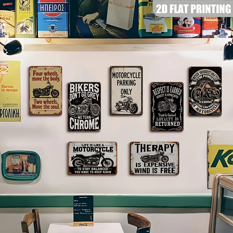 2D Flat Design 7pcs Vintage Motorcycle-Themed Wooden Signs, with Inspirational Quotes, 8 X 5 Inch Rustic Style. No Electricity N