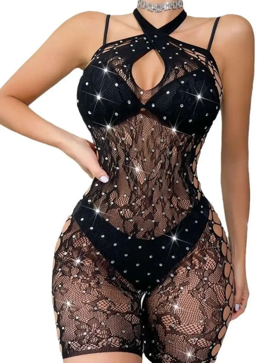 首吊りホットダイヤモンドボディスーツセクシーなメッシュ背中の開いたディープ V サスペンダーノースリーブ中空ボディスーツ魅力的なカジュアル薄型 MEVT