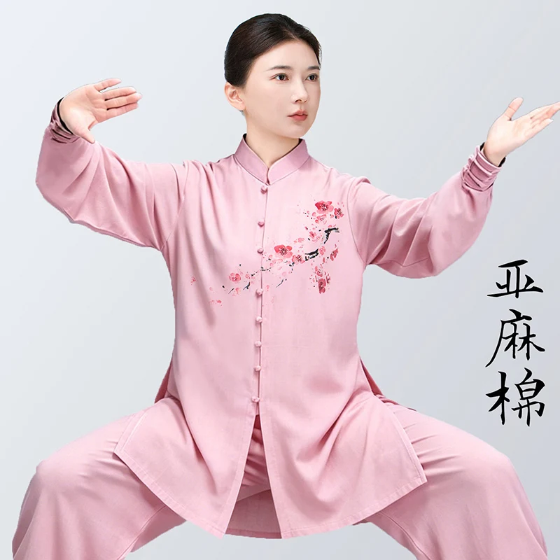 Women's 2026 New Tai Chi & Baduanjin Set - Cotton Linen, Mid-Length Breathable for Performance, Printed Design