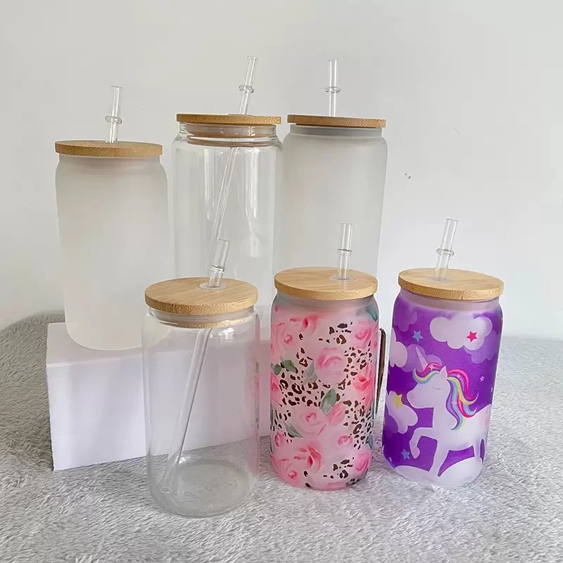 

48pcs 16oz Sublimation Beer Can Glass Matte and Clear Coffee Cup Juices Cocktail Glasses with Bamboo Lid and Plastic Straw