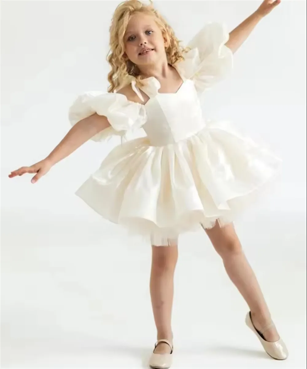 

Customized Flower Girl Dress For Wedding Satin Bow Knee Length Puffy Princess Kids Birthday Party First Communion Ball Gowns