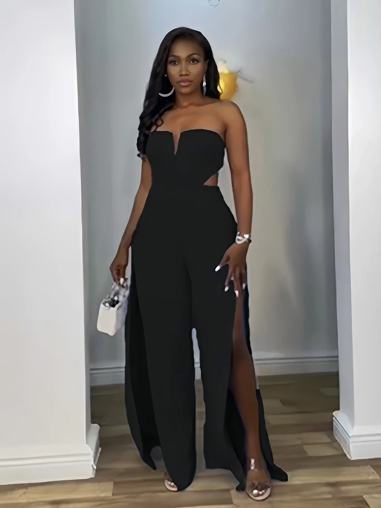 Femme été sans bretelles combinaison avec pantalon couleur unie Sexy dos nu combinaison découpé taille dames combinaison fente latérale