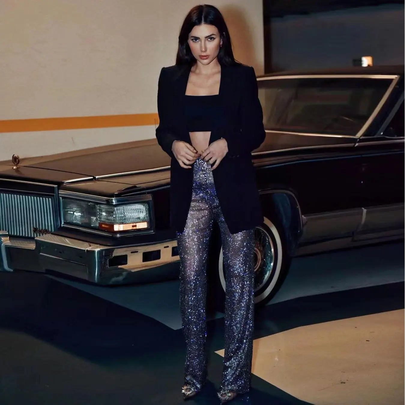 크로스보더 여성 패션 메쉬 스팽글 팬츠 나이트클럽 파티 핫걸 메쉬 바지 스트레이트 레그...