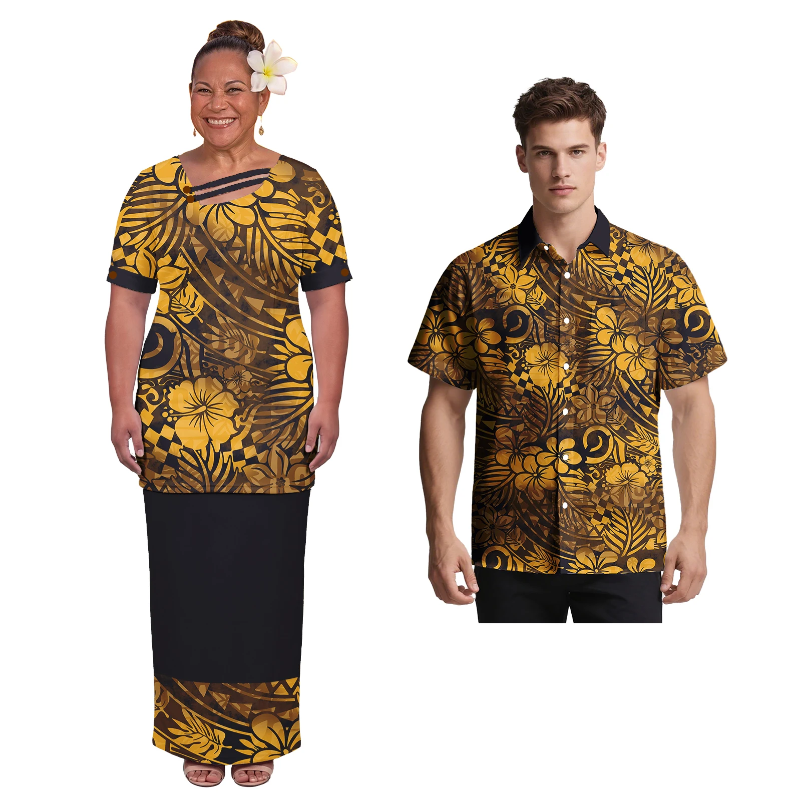 Samoa Tribe Couple Set Polynesian Women's Pletasy Dress High Quality Pattern Customized Men's Aloha Shirt