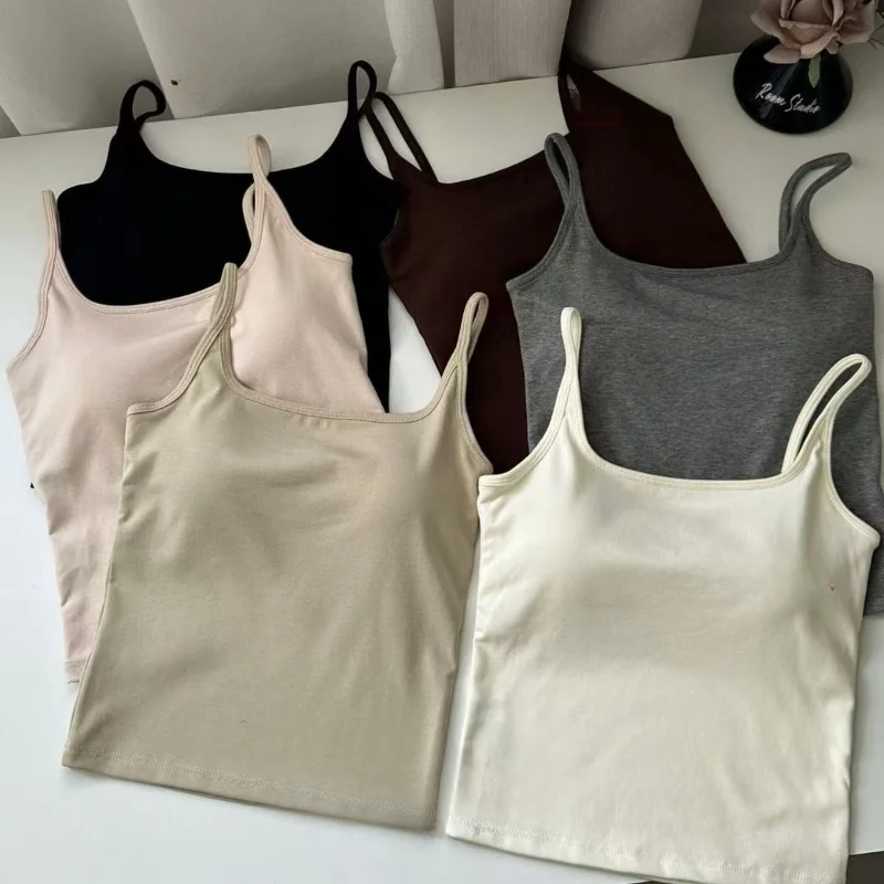 

Women's Solid Color Spaghetti Straps Sleeveless Slim Camisole with Chest Pad Cotton Summer Wear Outside Female Short Tops Vests