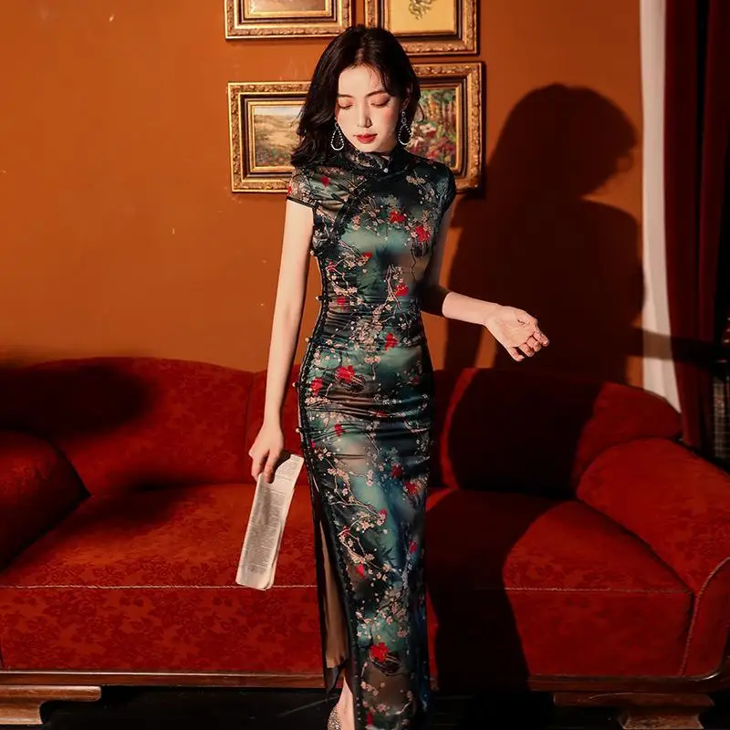 

Женское длинное вечернее платье Yourqipao, элегантное китайское платье Чонсам с улучшенным принтом в стиле ретро, 2023