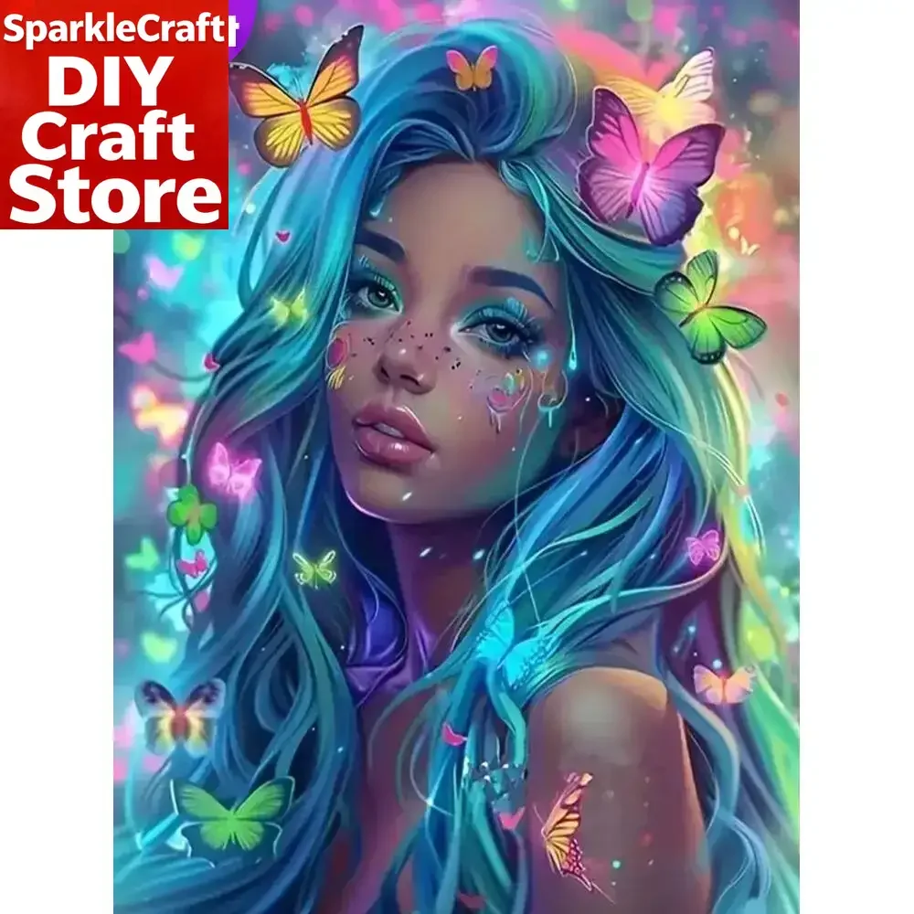 Kit de broderie diamant DIY sans cadre, portrait de femme, motif papillon, pour adultes débutants, mosaïque diamant, 1 pièce.