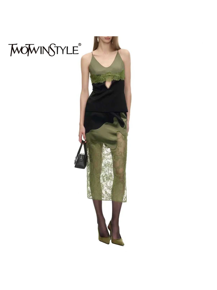 TWOTWINSTYLE Lace Spliced Hollow Out Slimming Two Piece Set for Women V Neck Sleeveless Top High Waist Midi Skirt Sets Female
