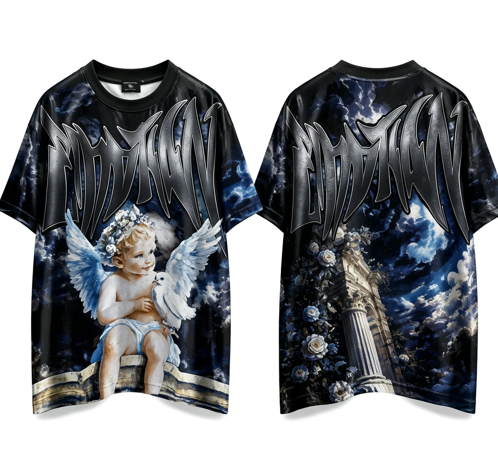 Vintage Cupid Angel Graphic T‑Shirt Gothic Dark Cloud Roman Column Streetwear Unisex Oversized Loose Short Sleeve Tee