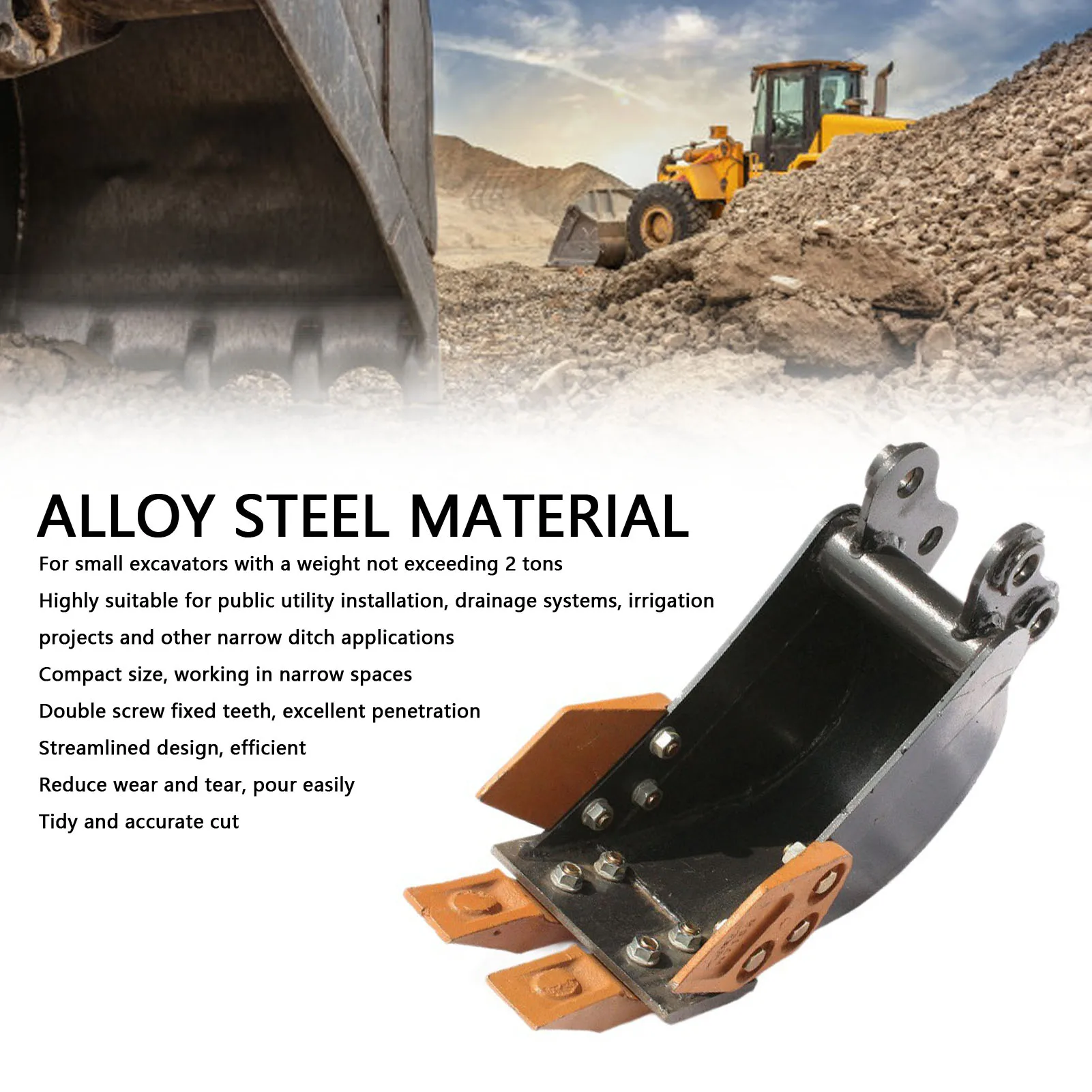 ถังขุดขนาดเล็กโลหะป้องกันการสึกหรอ ถังขุดแบคโฮเหล็กอัลลอยด์ที่มีประสิทธิภาพ ขนาดกะทัดรัดสำหรับระบบระบายน้ำ