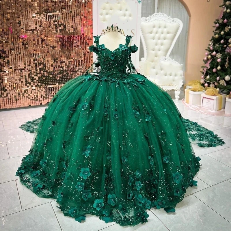 Vestido de princesa Quinceanera fora do ombro, vestido de baile, pérolas florais, 16 vestidos, 15 anos, verde, 15 anos