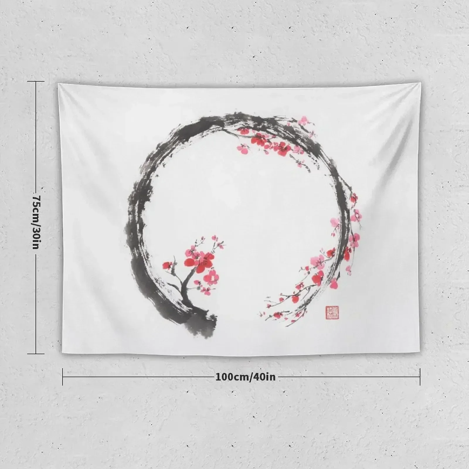 Zen sumi-e conceptual painting of Enso circle as a red cherry blossom branch art print Tapestry Decor For Room Tapestry