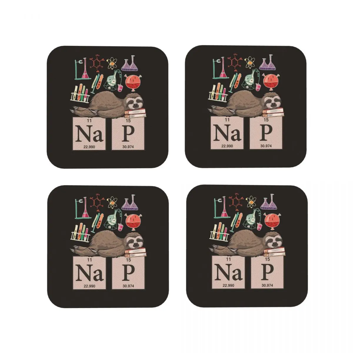 Funny Chemistry Sloth Art Gi Coasters Kitchen Placemats Non-slip Cup Coffee Mats For Decor Home Tableware Pads Set of 4