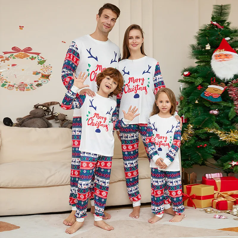 New Christmas cartoon letters home wear antler print family pajamas set