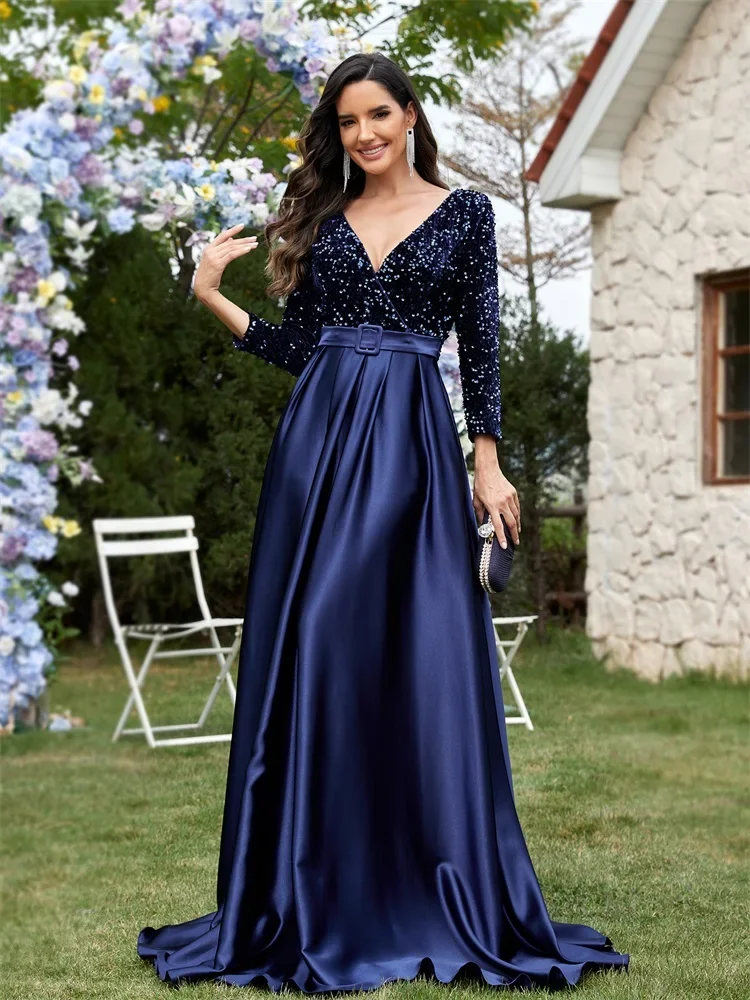 فساتين سهرة رسمية فاخرة بأكمام طويلة ورقبة على شكل حرف v من الساتان 2025 أنيقة لحفلات الزفاف ترتر للنساء فساتين كوكتيل للحفلات الراقصة #4