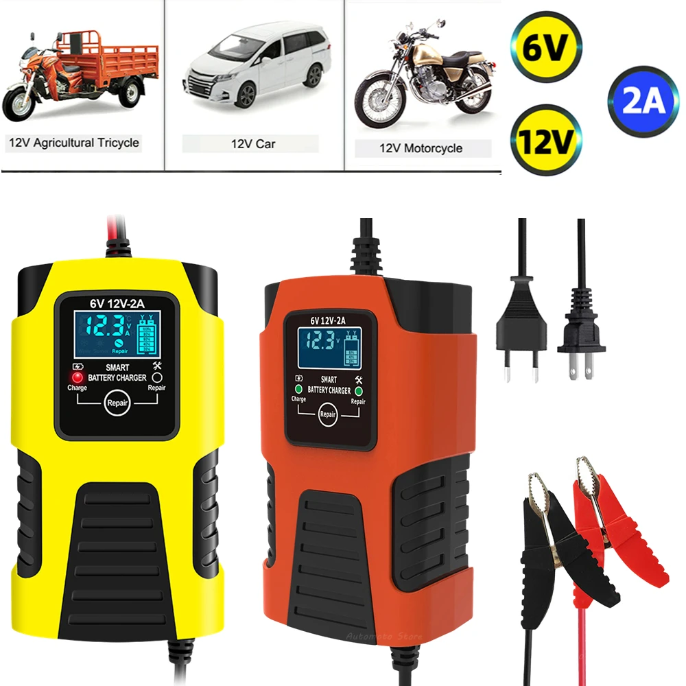 2A 6V 12V Battery Charger EU/US Plug Tester Automatic Smart Digital LCD Display Motorcycle Car Power Pulse Repair Tools