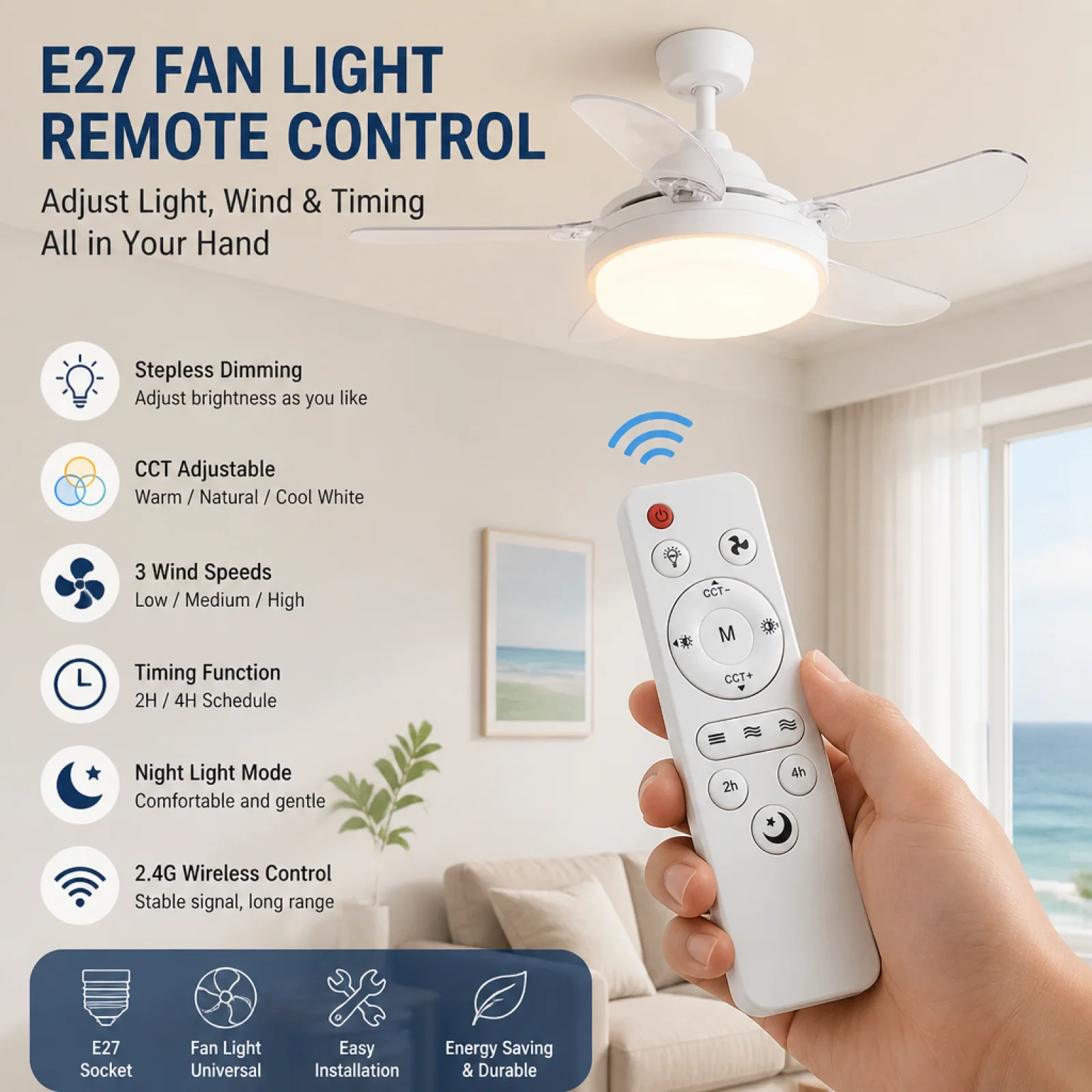 Overhead Fan Remote Control Timing Fan Light Remote Dimmable for Living Room, Bedroom