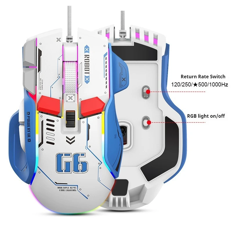 Mysz optyczna do gier G6 Programowalna kolorowa świecąca maszyna do sterowania przewodami Rgb nadaje się do komputerów stacjonarnych i notebooków