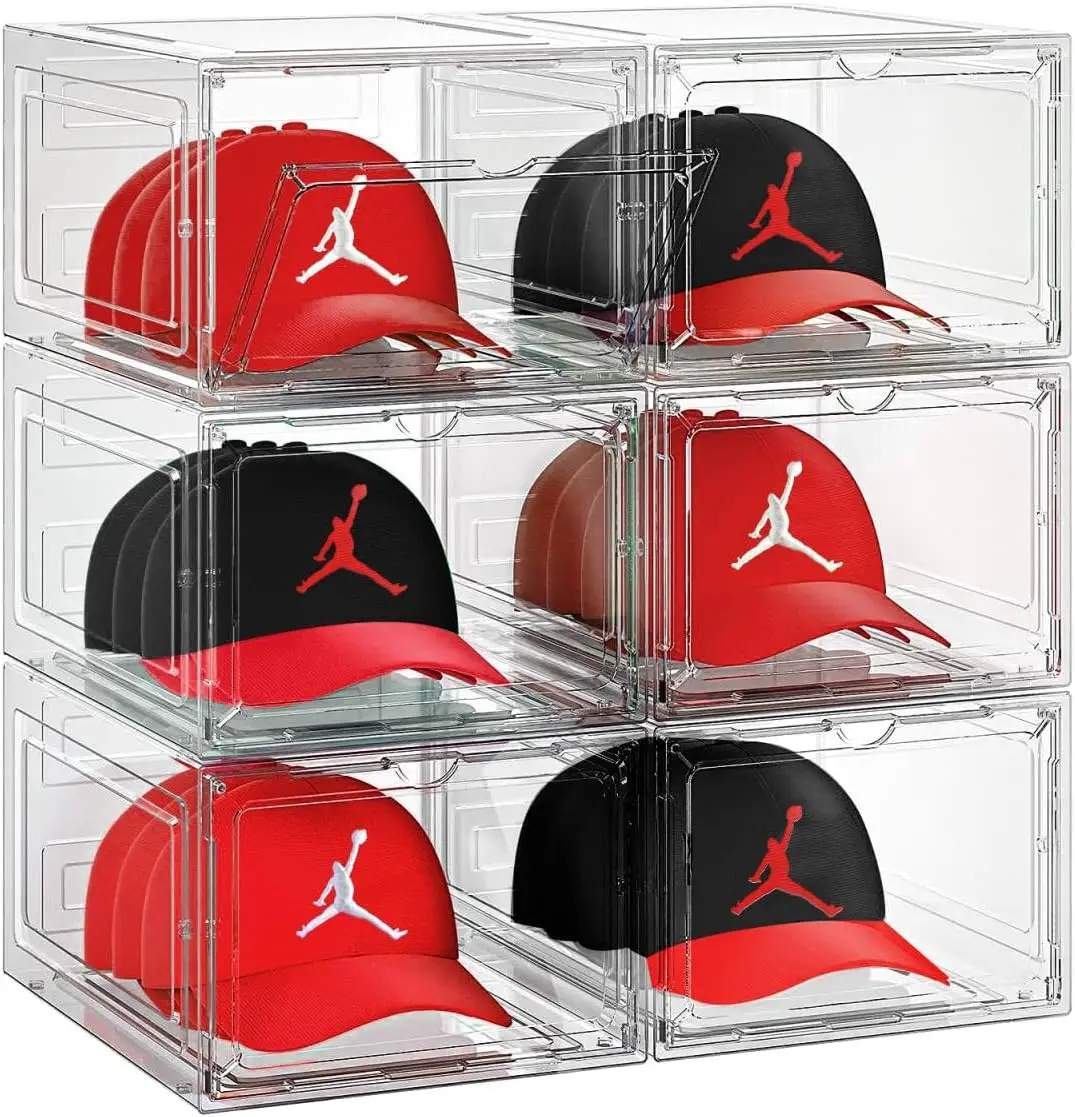 

Stackable Clear Hat Organizer Box with Magnetic Door, Holds 8 Caps Each, 6-Pack for Storage and Display