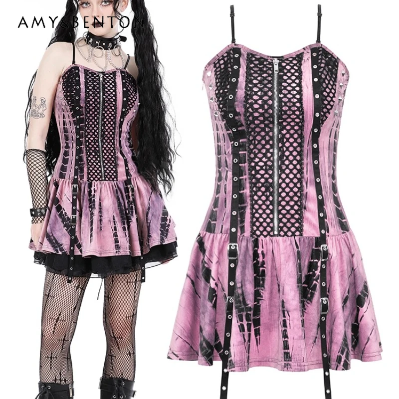 

Gothic Dark Punk Black Pink Rivet Lace Strap Women's Sling Dress Autumn New Design Sweet Cool Sexy Vest Short Dresses Ladies