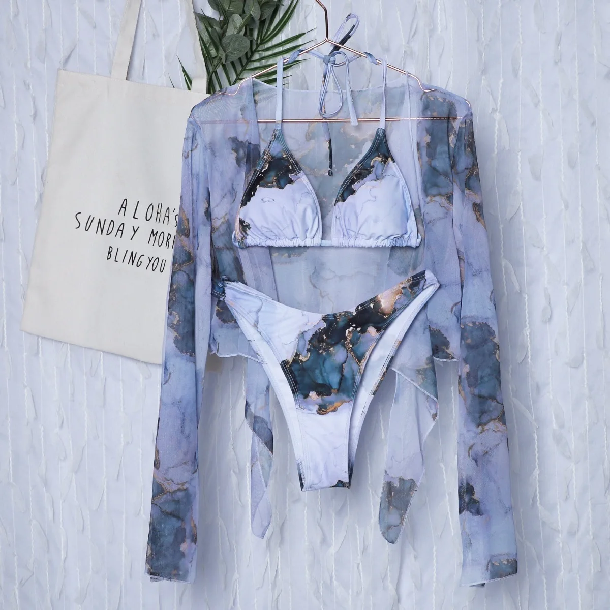 3pcs Thong Bikini Set 2024 Women Triangle Swimwear Female Marble Print Swimsuit With Long Sleeve Cover Up Beach Bathing Suit