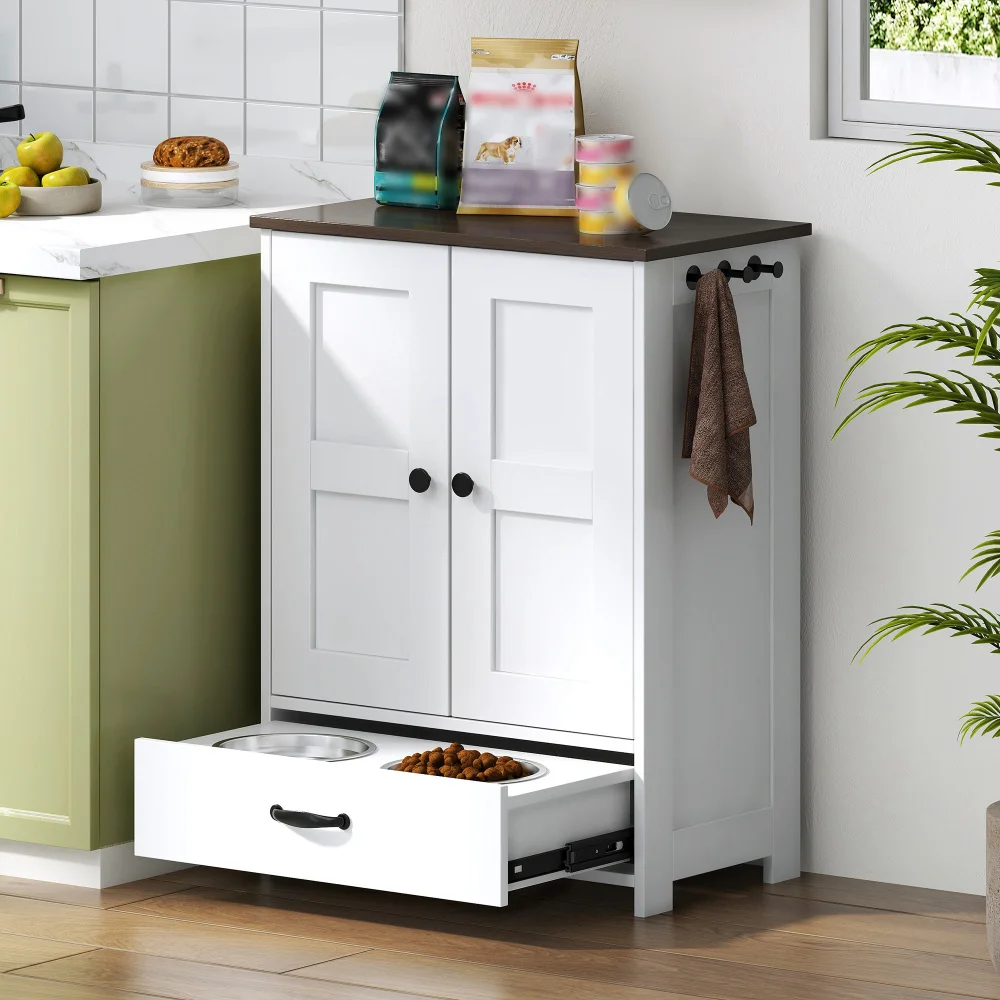 Storage Cabinet for Pet, Dog Feeding Station, Food Storage Cabinet with Hidden Dog Bowls, Adjustable Panel, Hooks, White