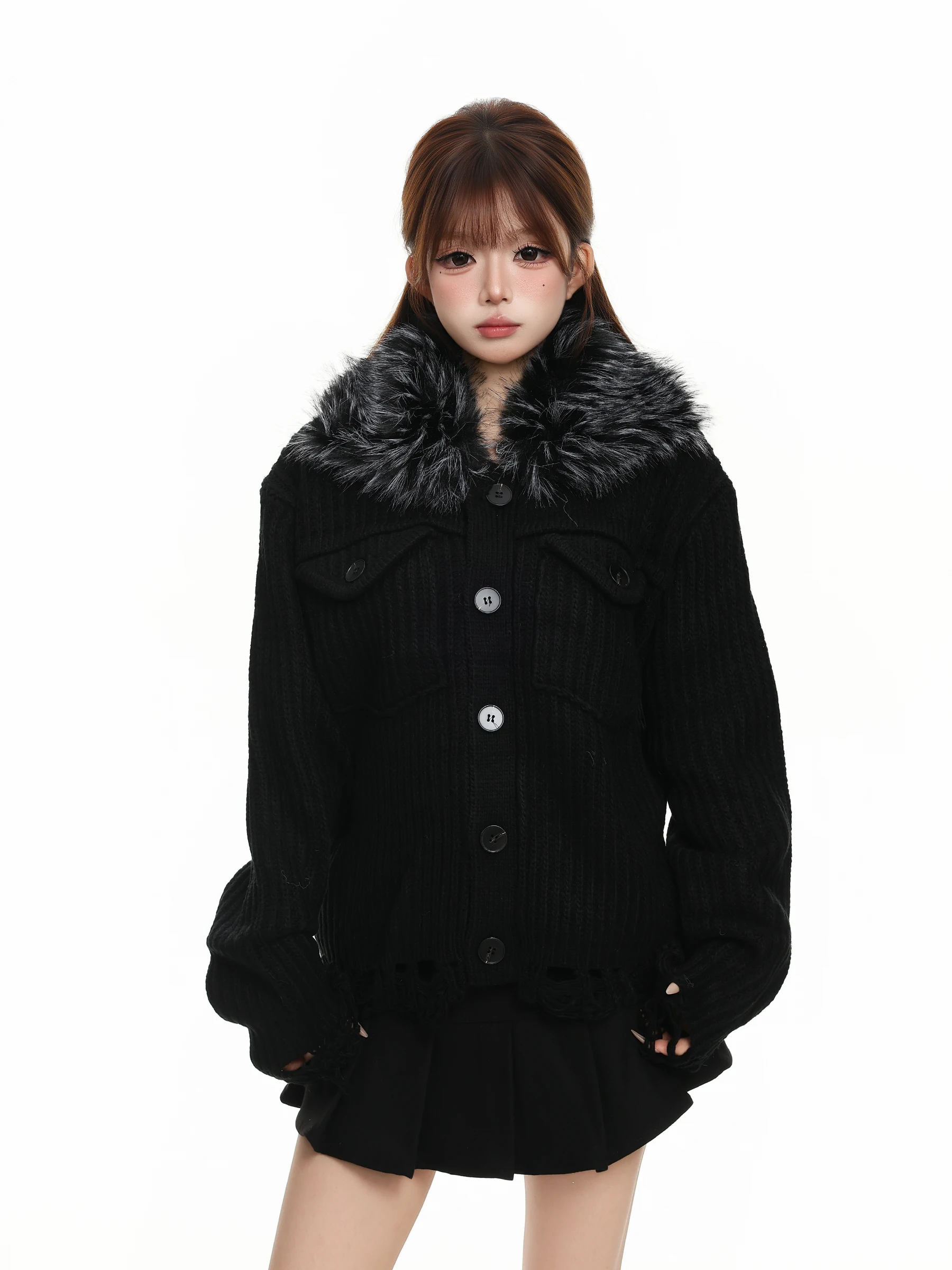 BASTERDS Korean Lazy Style Women's Knitted Sweater with Fur Collar Autumn Winter Hole Design Open Cardigan Top Medium Softness