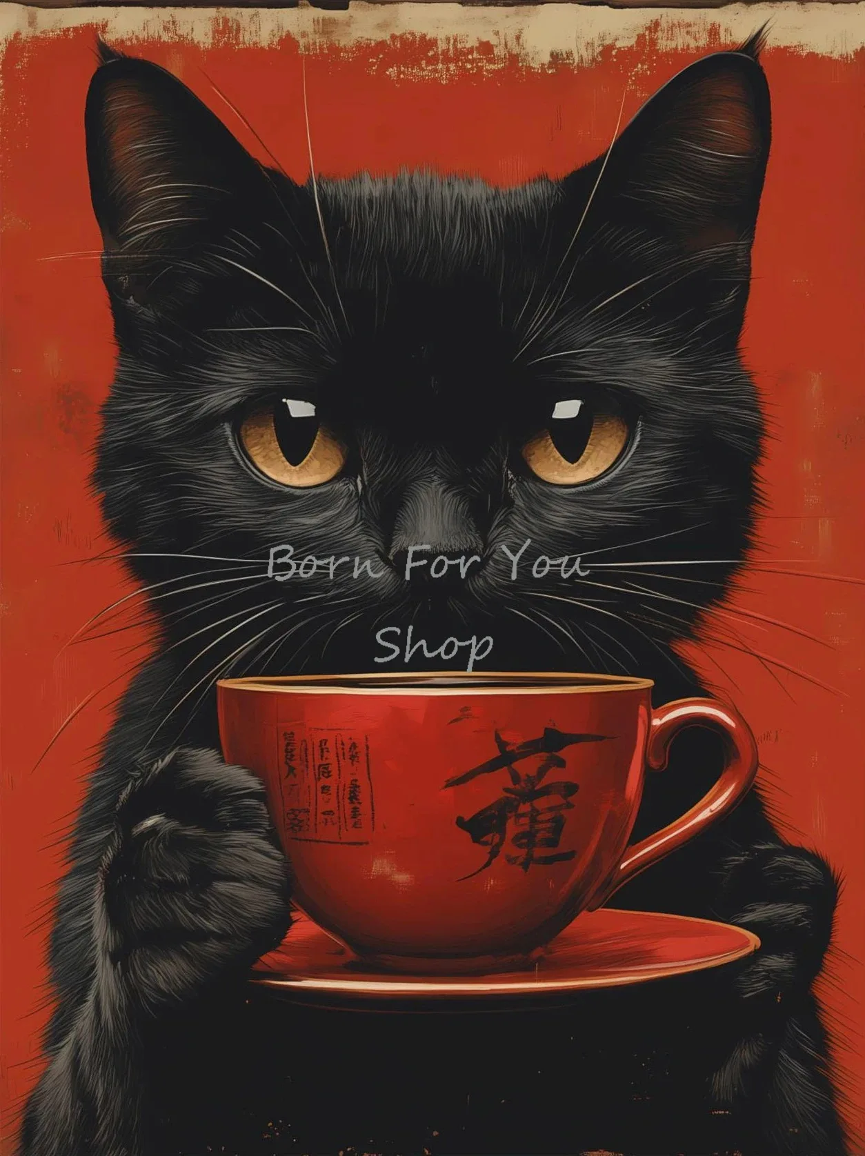 Japanese Edo Style Black Cat Eating Noodles Drinking Tea Posters and Prints Canvas Printing Wall Art Picture for Room Home Decor