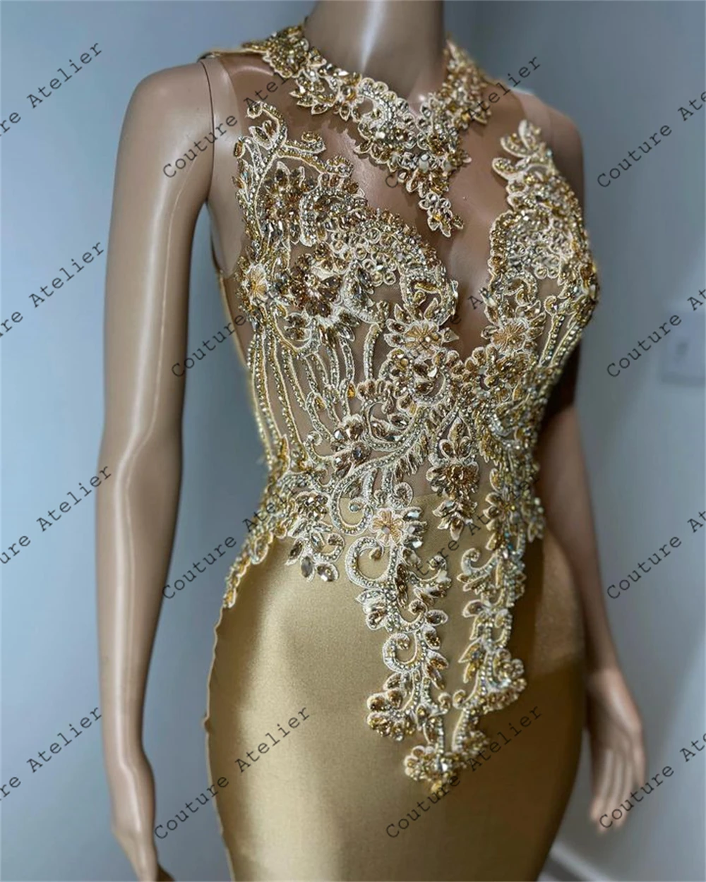 Shinning Gold Beaded AppliquesProm Dresses Mermaid Birthday Dress For Black Girls Luxury 2024 O Neck Satin Formal Occasion Dress