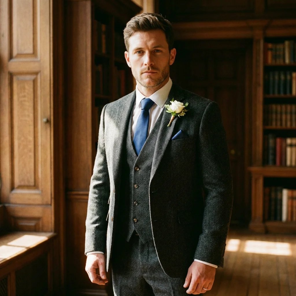 

Men Suits Blend Groom's Herringbone Blazer Single Breasted Men's 3pc Set (Jacket+Pants+Vest) Wool Wedding Tuxedo