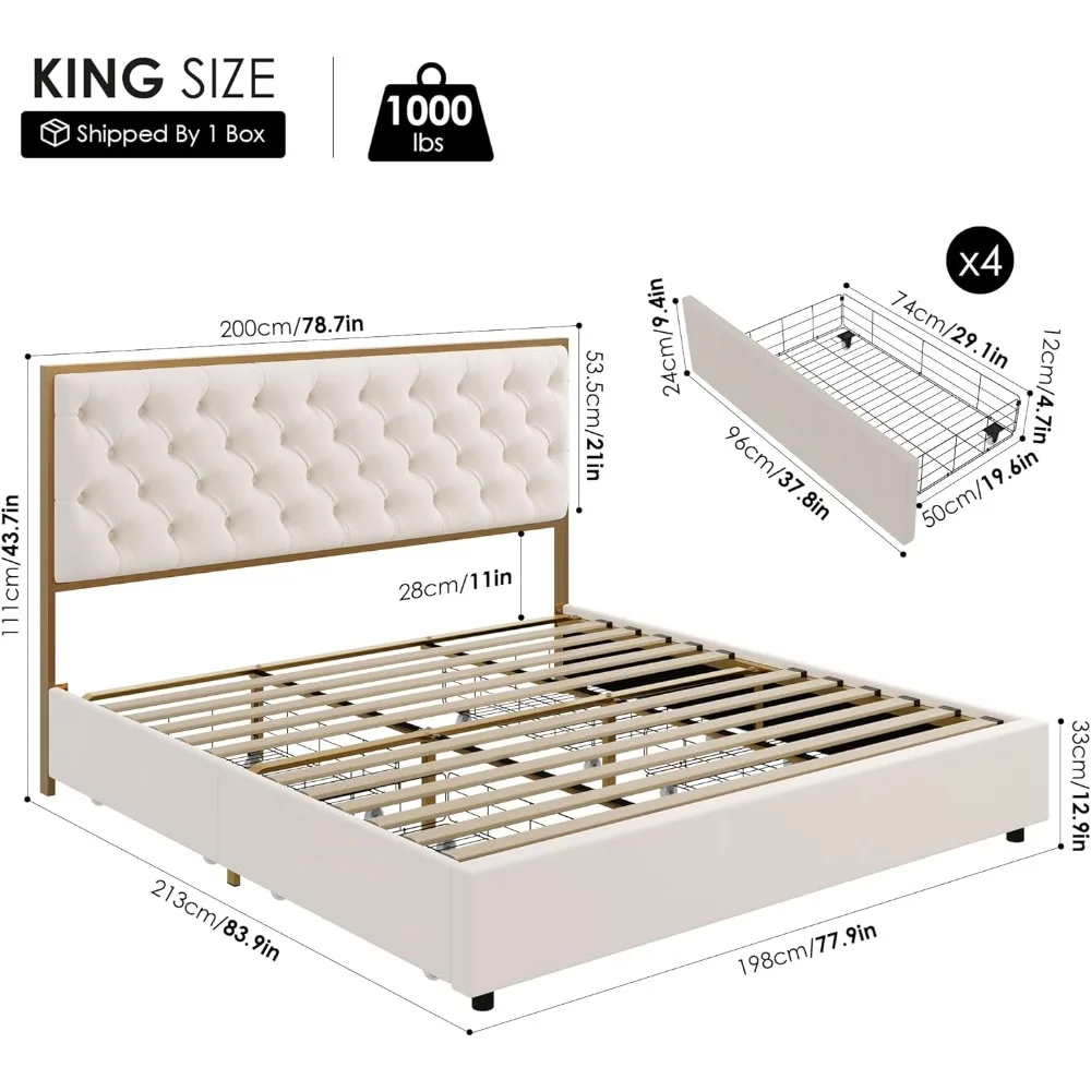 King Size Bed Frame with 4 Storage Drawers and Handmade Button Tufted Headboard, Modern Velvet King Size Platform Storage Bed