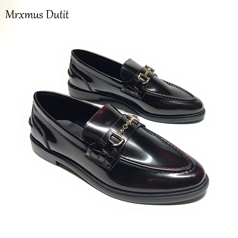 Mrxmus Dutit 2024 Fashion Women New England Style Genuine Leather Round Head Flats Shoes Casual Wild Simple Loafers Female