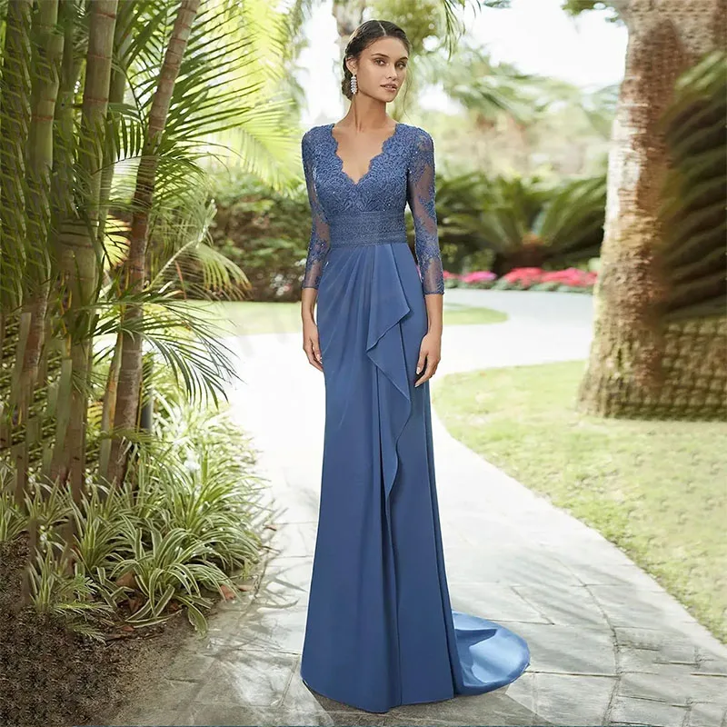 Robe fourreau en dentelle bleu marine foncé pour la mère de la mariée, manches longues, col en V, train de balayage perlé, robe d\'invité de mariage