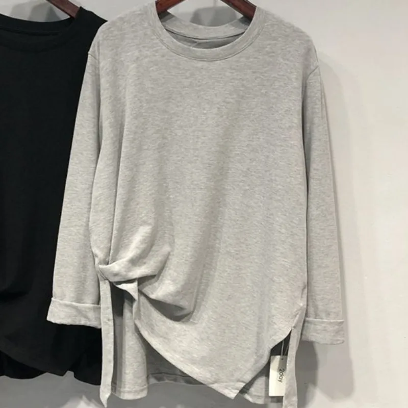 Extra Large Irregular Tees Long Sleeved Undershirt Solid T-shirt Women Clothing 2023 New Autumn Undershirt Korean Loose Top