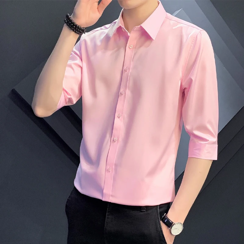 Temperament Office Solid Turn-down Collar Short Sleeve Shirts Button Fashion Business Casual Spring Summer Thin Men\'s Clothing