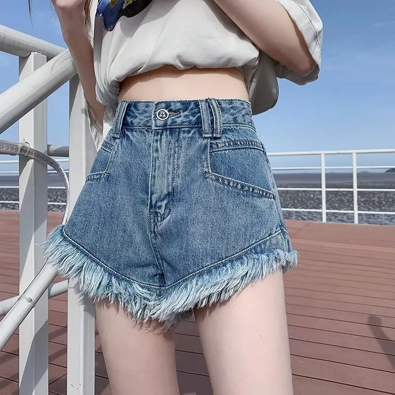 2024 Summer New Women's High-Waisted Tassel Jeans Shorts, Fashion Streetwear Denim Shorts for Young Lady