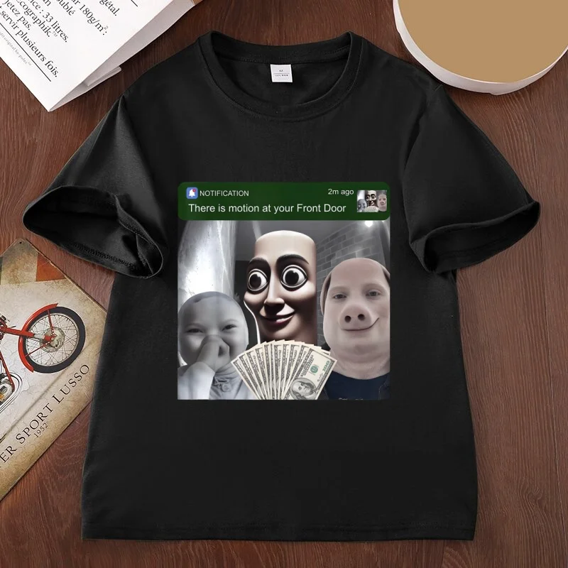 Motion At Your Front Door Tung Sahur T Shirt Funny John Pork Meme Short Sleeve T  Shirts Man Woman Cotton Printed Round Neck