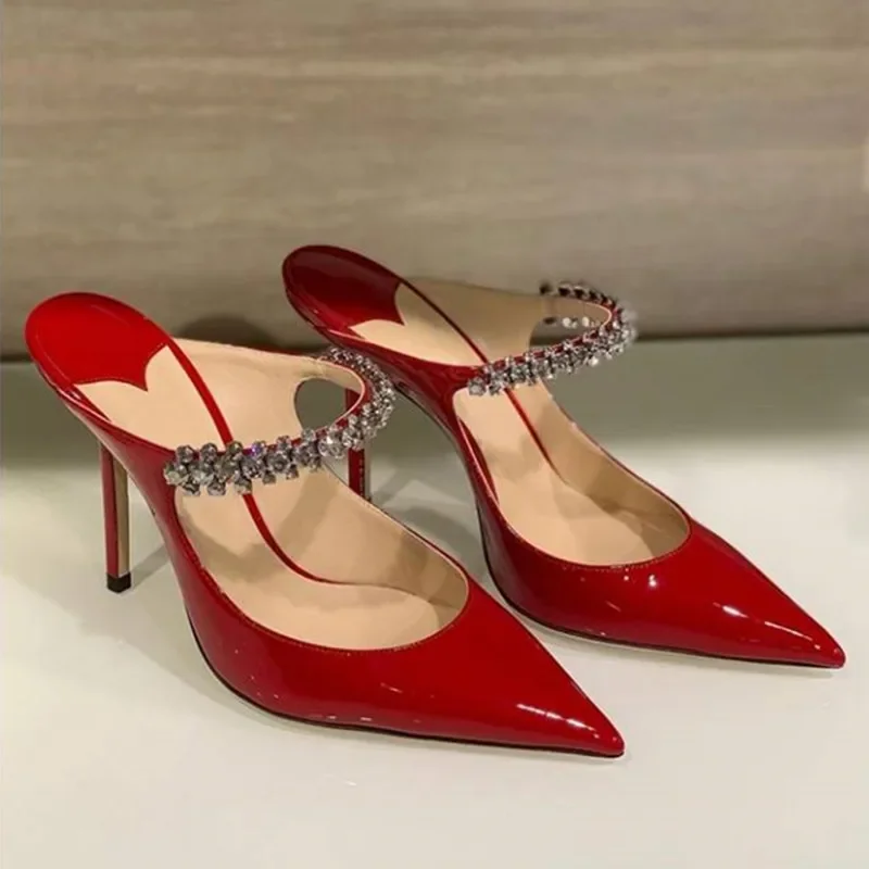 

2026 European and American new women's high heels pointed rhinestone chain patent leather fashion shoes