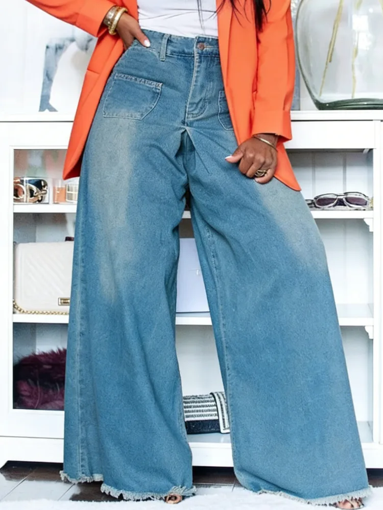 

European and American Style Loose Fringed Double Pocket Washed Wide Leg Jeans for Women in 2026 Spring New
